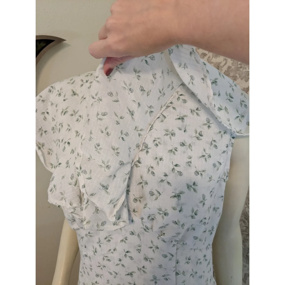 Handmade White Ditsy Floral Ruffle Neck Summer Cotton Midi Dress - Picture 7 of 8